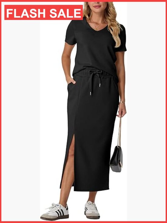 Dresses & Skirts - V-Neck Short Sleeve Top & Side Slit Midi Skirt Set with Pockets